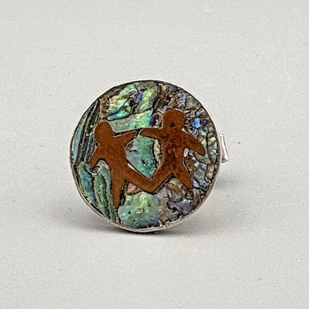 Vintage Sterling Silver Cufflinks Artisan Abalone Copper Figural Copper Taxco